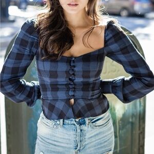 Reformation Blue Plaid Blouse